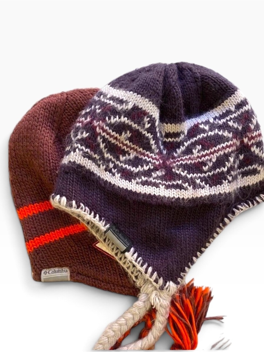 Bundle 2 beanie Columbia Burgundy & Orange Knit Fleece Lined Earflap navy blue
